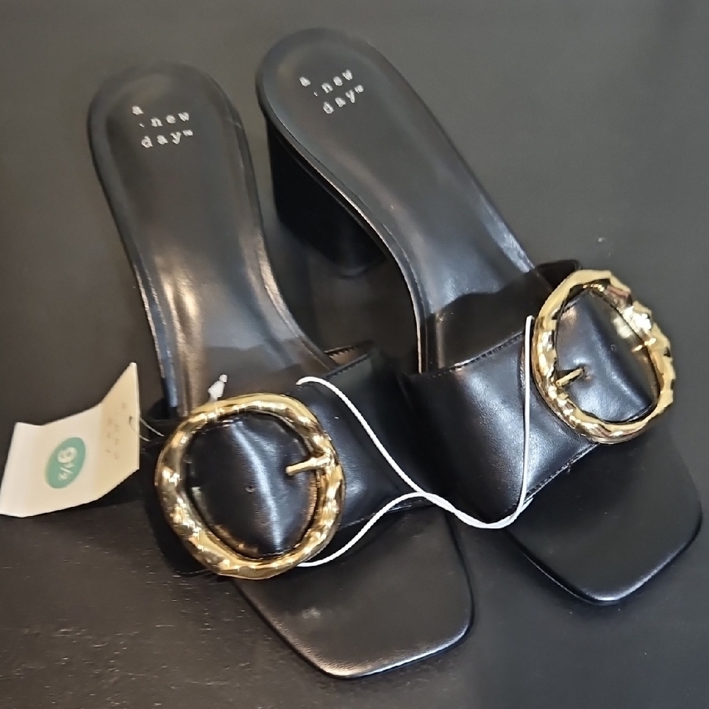 A New Day Black and Gold Mules with Tortoiseshell Accent 001